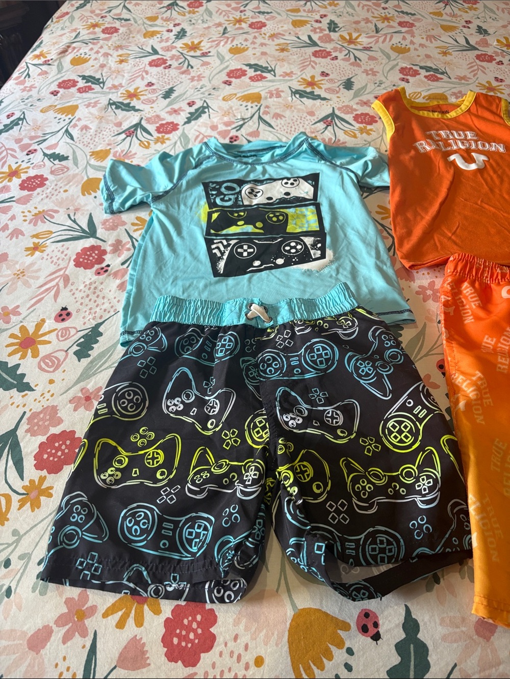 Seven7 Light Blue Gaming Tee with Black Neon Controller Swim Shorts